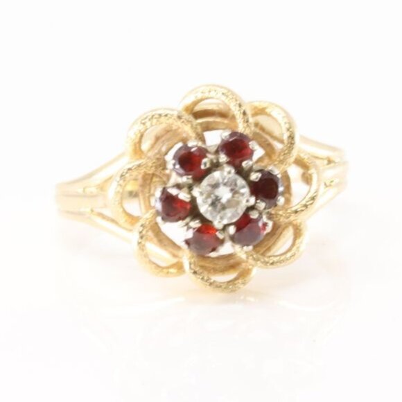 14k Vintage Garnet and .25 ctw Floral Diamond Ring - Picture 1 of 5